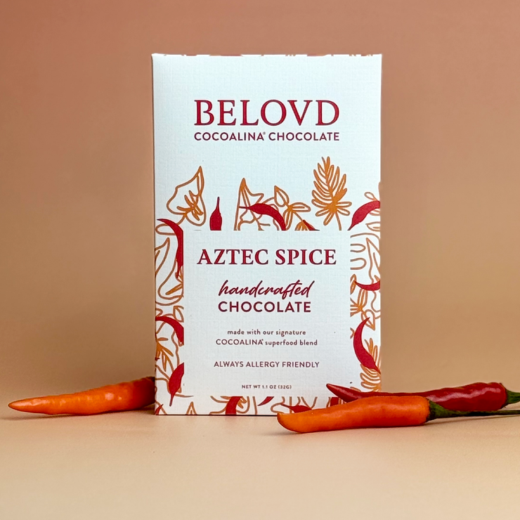 Belovd Aztec Spice Chocolate Bar in packaging