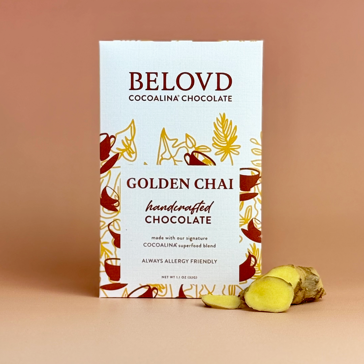 Belovd Golden Chai Chocolate Bar in packaging
